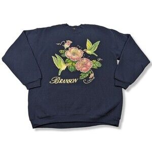 Vintage 90s Branson‎ Sweatshirt Sparkle Glitter Puffy Paint Flower Bird